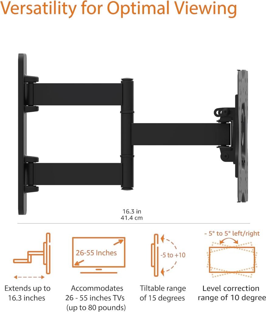 Amazon Basics Full Motion Articulating TV Monitor Wall Mount for 26 to 55 TVs and Flat Panels up to 80 Lbs, Black