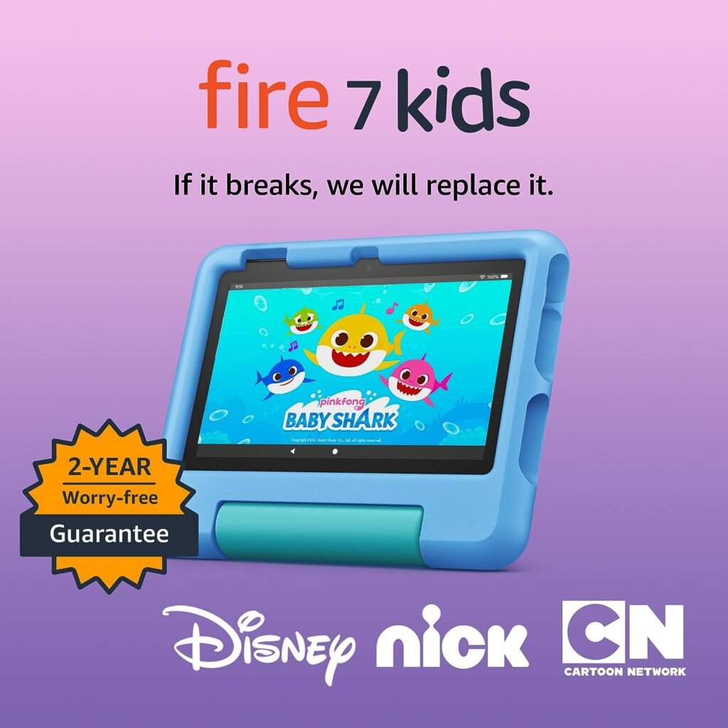 Amazon Fire 7 Kids Tablet (2022) - ages 3-7. 2 year worry-free guarantee, 10-hr battery, ad-free content, parental controls, durable high-res screen, kid-proof case with kickstand, 16 GB, Blue