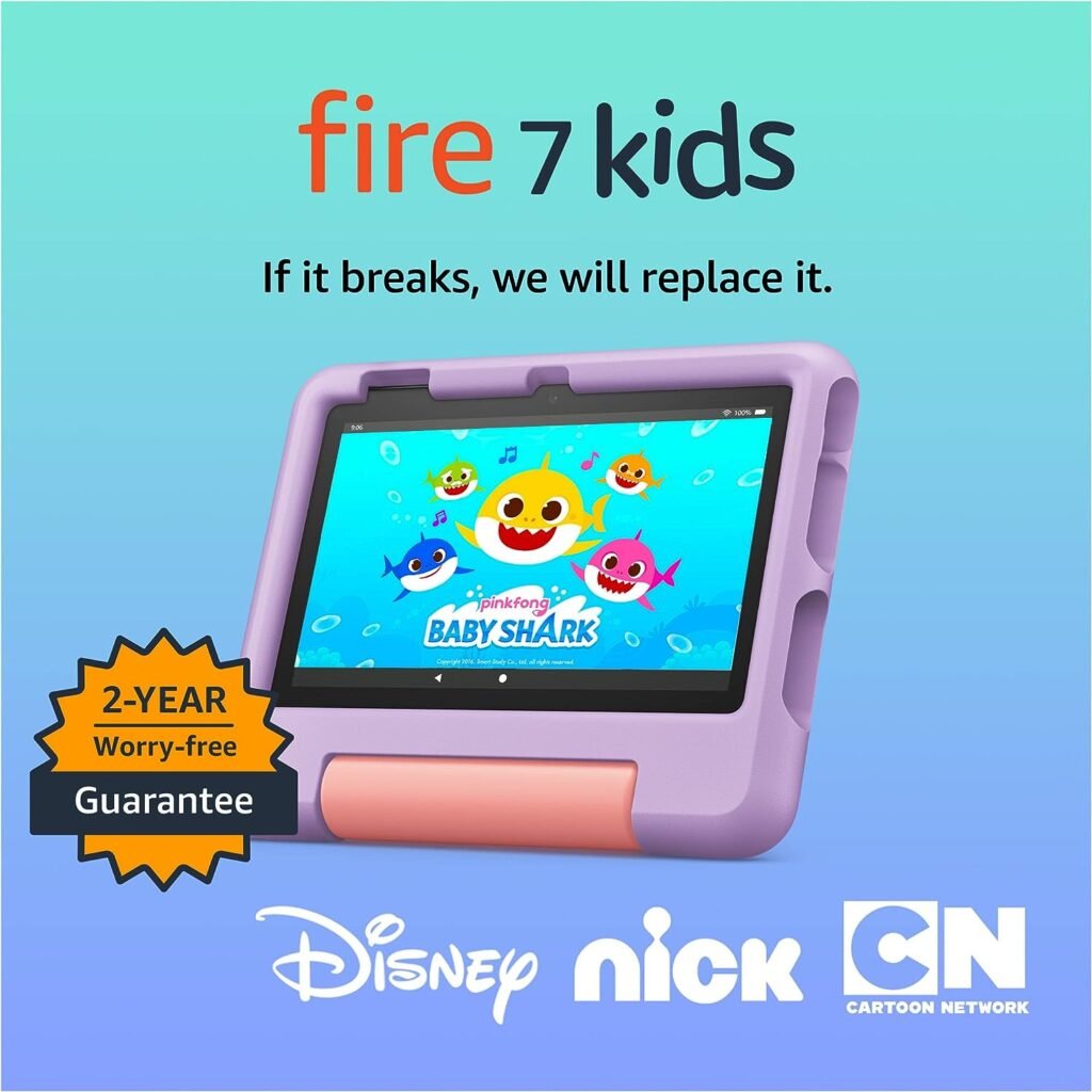 Amazon Fire 7 Kids Tablet (2022) - ages 3-7. 2 year worry-free guarantee, 10-hr battery, ad-free content, parental controls, durable high-res screen, kid-proof case with kickstand, 16 GB, Blue