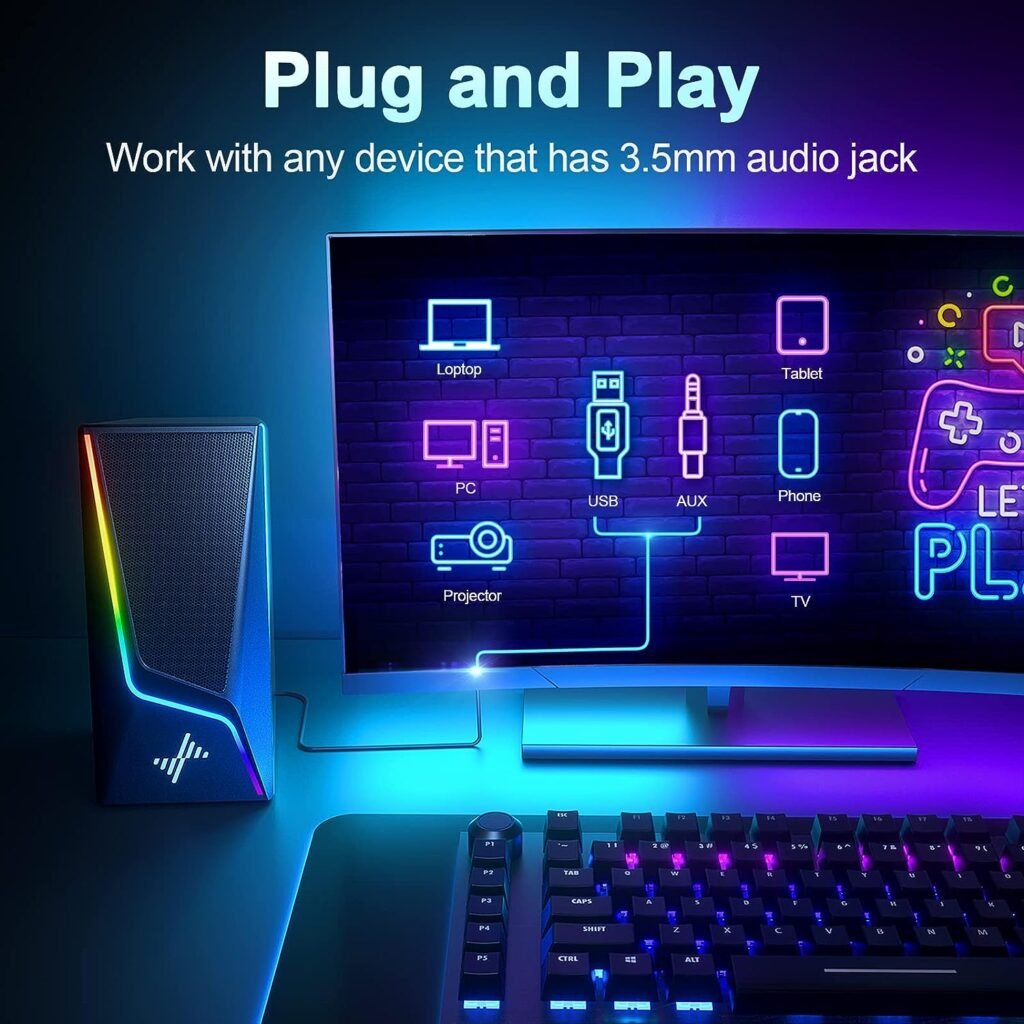 Computer Speakers, RGB PC Speakers with 6 Colorful LED Modes, USB Powered Computer Speakers for Desktop with 2 Bass-Boost Ports, 2 Speaker Units and 3.5mm Aux-in Cable for PC, Laptop, Tablet, Phone