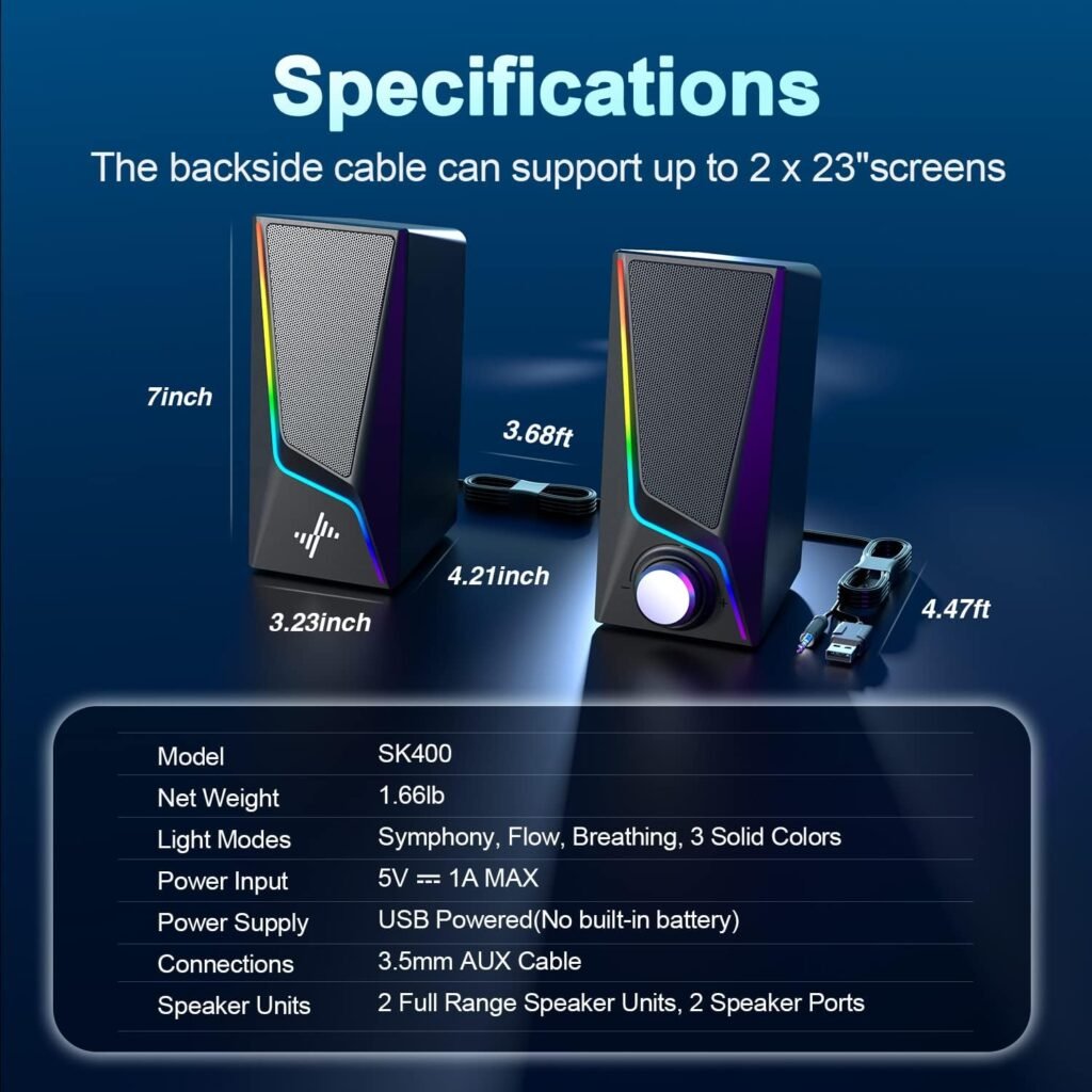 Computer Speakers, RGB PC Speakers with 6 Colorful LED Modes, USB Powered Computer Speakers for Desktop with 2 Bass-Boost Ports, 2 Speaker Units and 3.5mm Aux-in Cable for PC, Laptop, Tablet, Phone