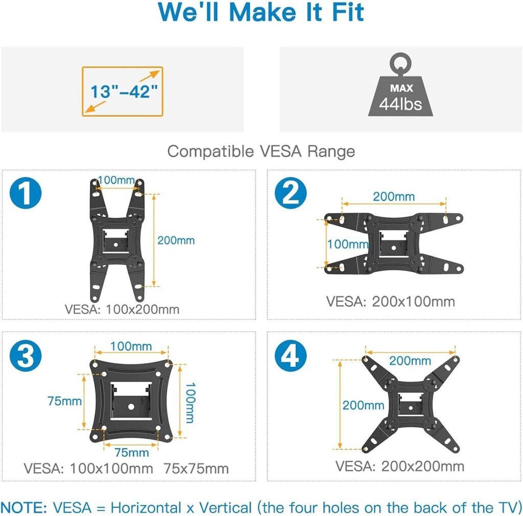 Full Motion TV Monitor Wall Mount Bracket Articulating Arms Swivel Tilt Extension Rotation for Most 13-42 Inch LED LCD Flat Curved Screen TVs  Monitors, Max VESA 200x200mm up to 44lbs by Pipishell