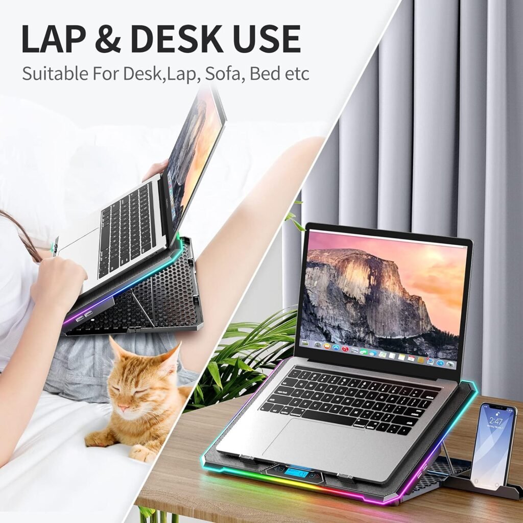 KYOLLY RGB Laptop Cooling Pad Gaming Laptop Cooler, Laptop Fan Cooling Stand with 13 Quiet Cooling Fans for 15.6-17.3 inch laptops, 9 Height Stand, LED Lights  LCD Screen, 2 USB Ports, Lap Desk Use