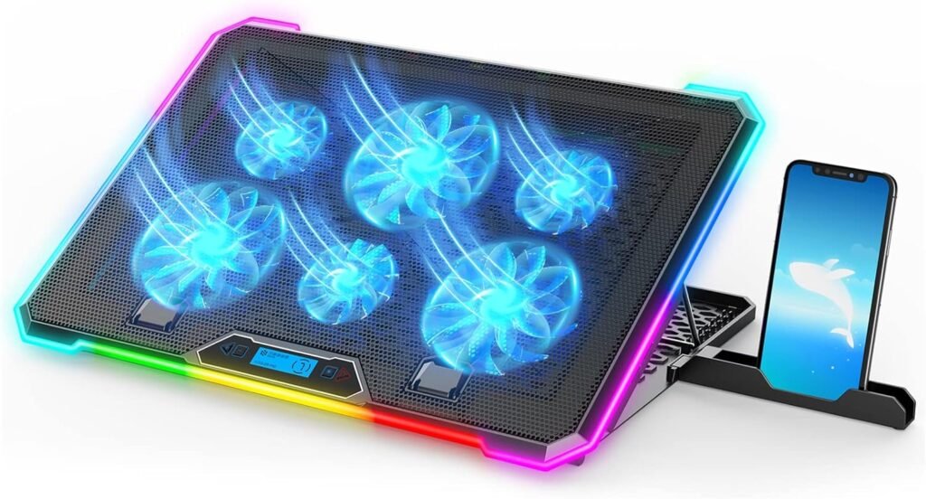 KYOLLY RGB Laptop Cooling Pad Gaming Laptop Cooler, Laptop Fan Cooling Stand with 13 Quiet Cooling Fans for 15.6-17.3 inch laptops, 9 Height Stand, LED Lights  LCD Screen, 2 USB Ports, Lap Desk Use