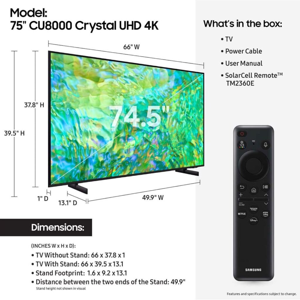 SAMSUNG 65-Inch Class Crystal UHD CU8000 Series PurColor, Object Tracking Sound Lite, Q-Symphony, Motion Xcelerator, Ultra Slim, Solar Remote, Smart TV with Alexa Built-in (UN65CU8000, 2023 Model)