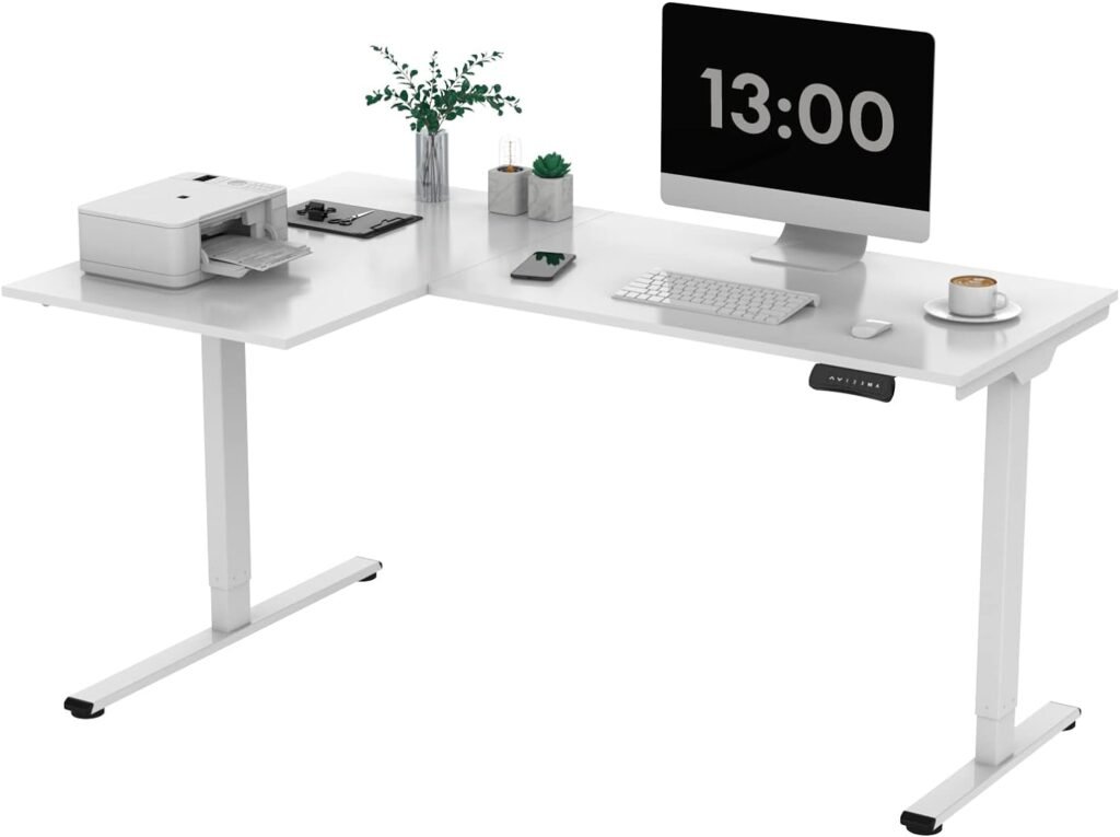 SANODESK 63-Inch Large Dual Motor L-Shaped Electric Height Adjustable Standing Desk - Reversible Panel - White Top/White Frame - Ideal for Gaming, Home Office or Computer Workstation