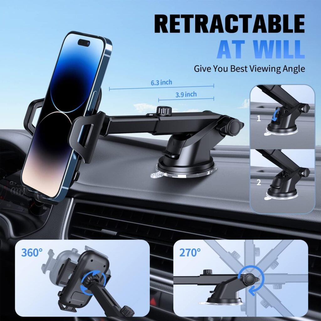 SUUSON Car Phone Holder Mount【Upgraded】-【Bumpy Roads Friendly】 Phone Mount for Car Dashboard Windshield Air Vent 3 in 1,Hand Free Mount for iPhone 15 14 13 Pro Max Samsung All Cell Phones (Black)